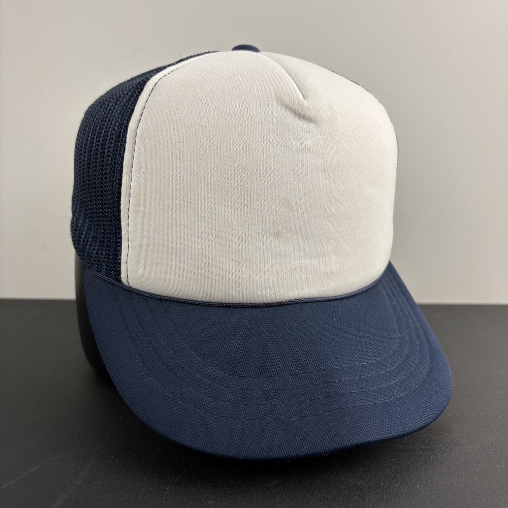 Vintage 80s Youth Blank Foam Trucker Hat Navy Blue White Mesh Snapback Cap
